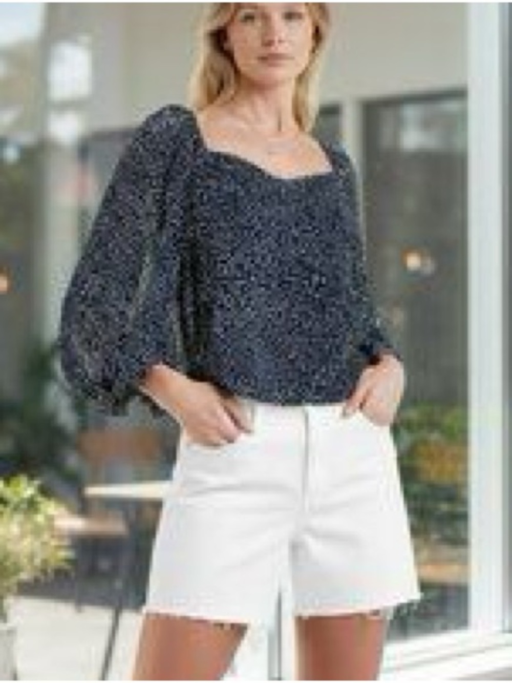 Express Navy Clip Dot Sweetheart Neckline Balloon Sleeve Blouse